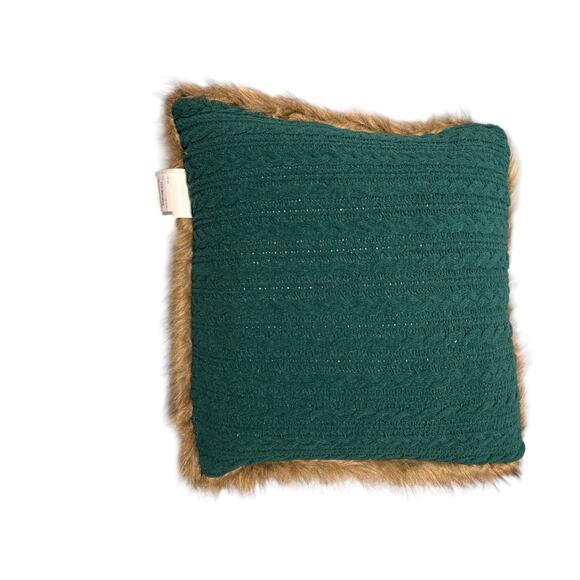 Rustic Christmas “JOY” Pillow 20x20 – Green Cable Knit with Faux Fur Trim - Picture 3 of 5
